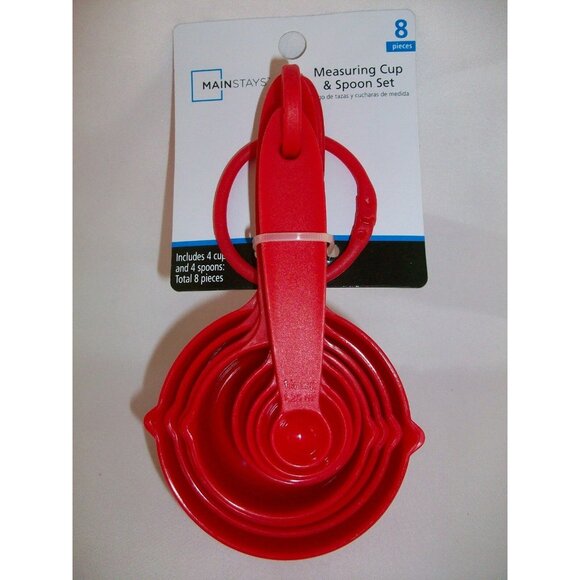 Red 8-Piece Measuring Cup Spoon Set Plastic Kitchen Dishwasher Safe - Picture 1 of 3